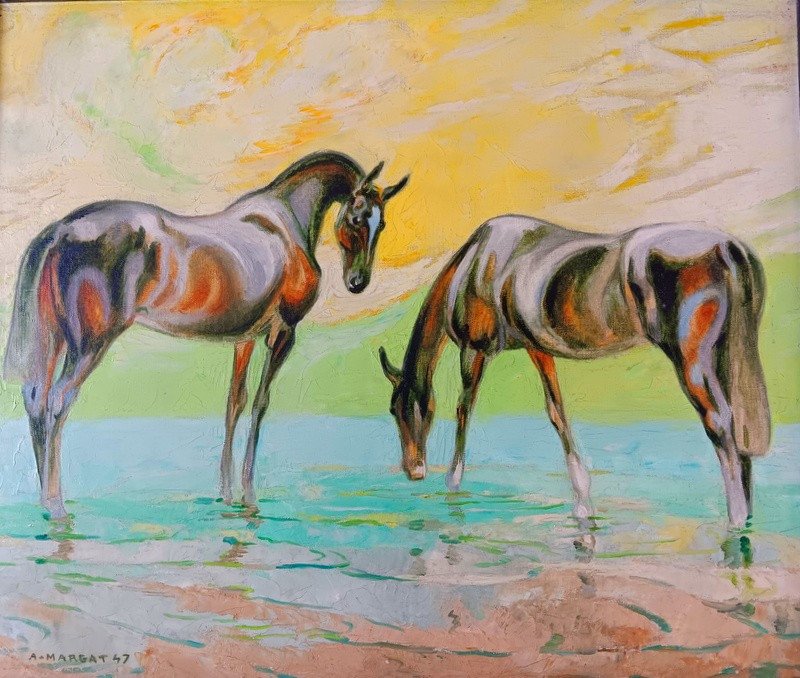 André Margat (1903-1997) Chevaux En Camargue Tableau Peinture