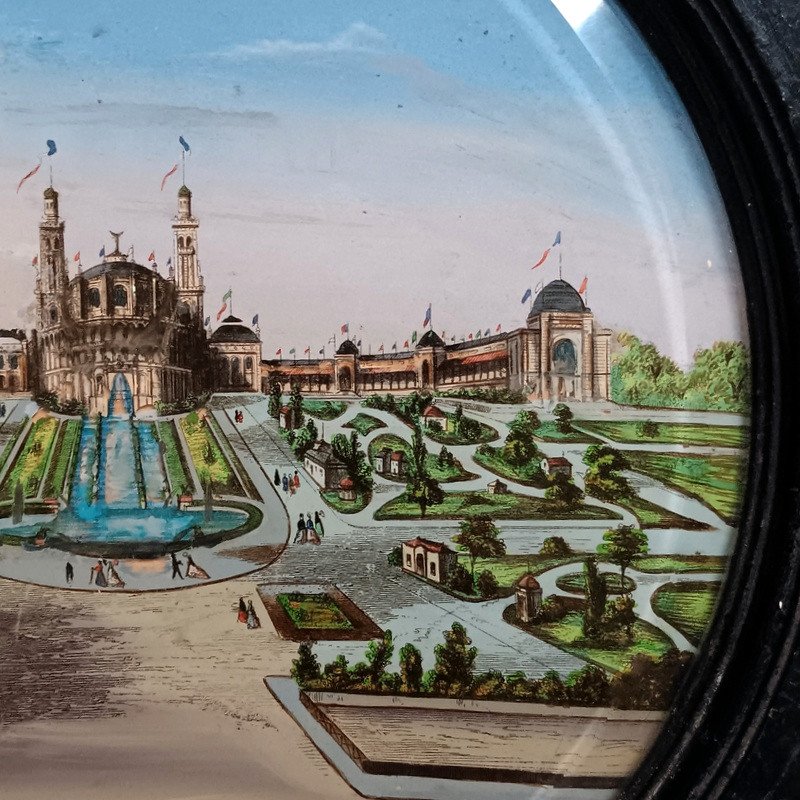 Rare Fixé Sous Verre Tondo Souvenir De l'Exposition Universelle De Paris 1878 Le Trocadéro -photo-4