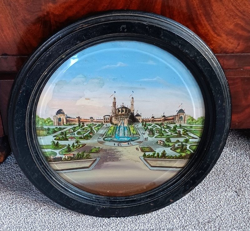 Rare Fixé Sous Verre Tondo Souvenir De l'Exposition Universelle De Paris 1878 Le Trocadéro -photo-2