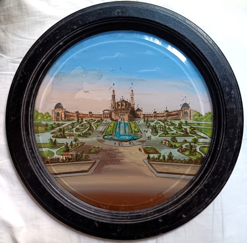 Rare Fixé Sous Verre Tondo Souvenir De l'Exposition Universelle De Paris 1878 Le Trocadéro 