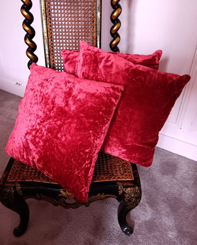 Beautiful Set Of Cherry Red Silk Velvet Cushions Antique Fabric-photo-3