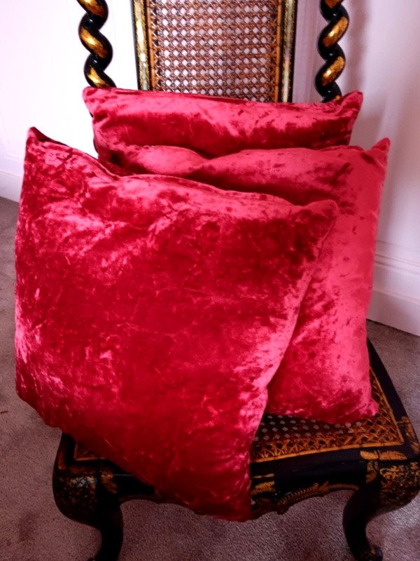 Beautiful Set Of Cherry Red Silk Velvet Cushions Antique Fabric-photo-1