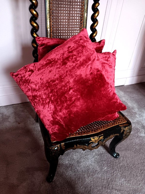 Beautiful Set Of Cherry Red Silk Velvet Cushions Antique Fabric-photo-3