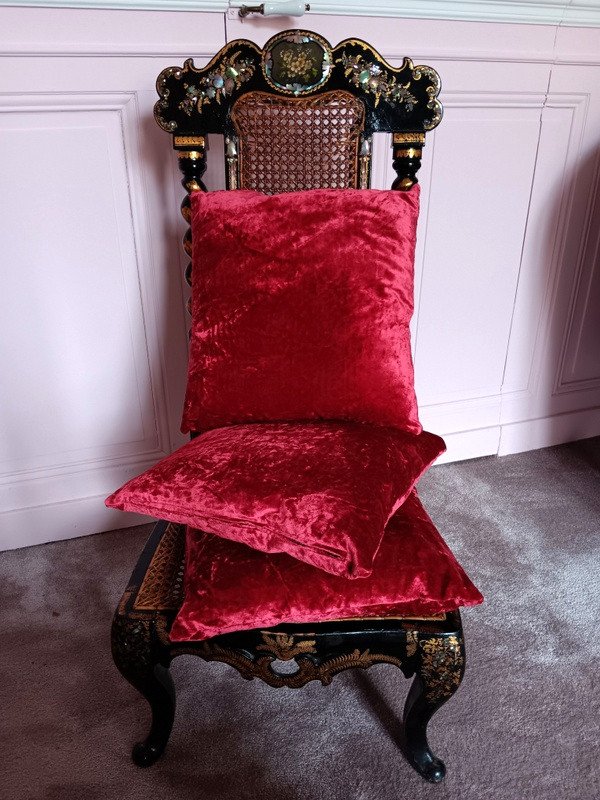 Beautiful Set Of Cherry Red Silk Velvet Cushions Antique Fabric-photo-4