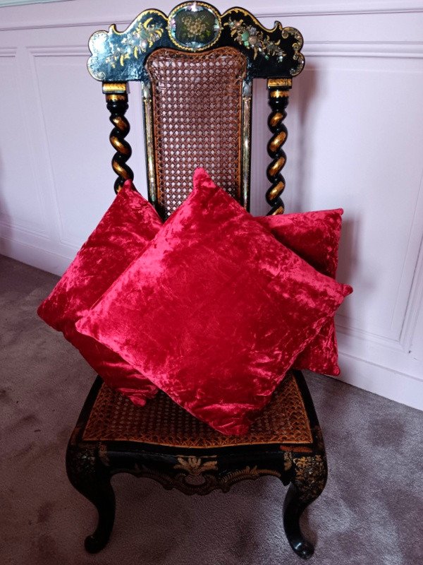 Beautiful Set Of Cherry Red Silk Velvet Cushions Antique Fabric