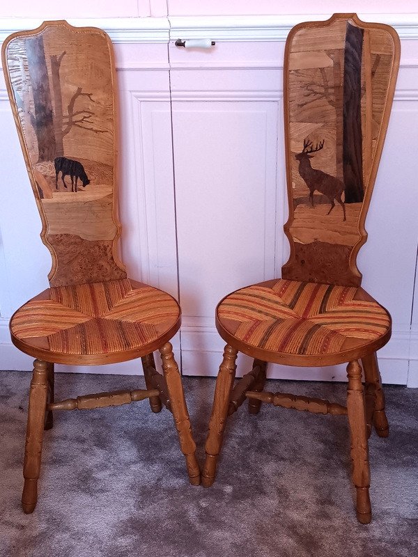 Pair Of Nancy School Stepladder Chairs In Art Nouveau Marquetry Wood-photo-2