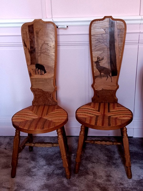 Pair Of Nancy School Stepladder Chairs In Art Nouveau Marquetry Wood