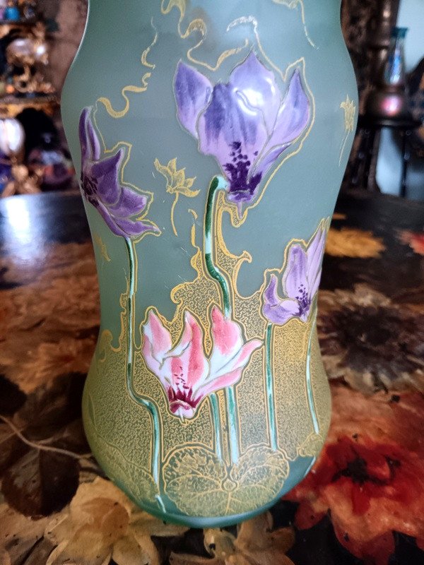 Rare Vase Legras Art Nouveau émaillé De Fleurs De Cyclamen Epoque 1900-photo-2