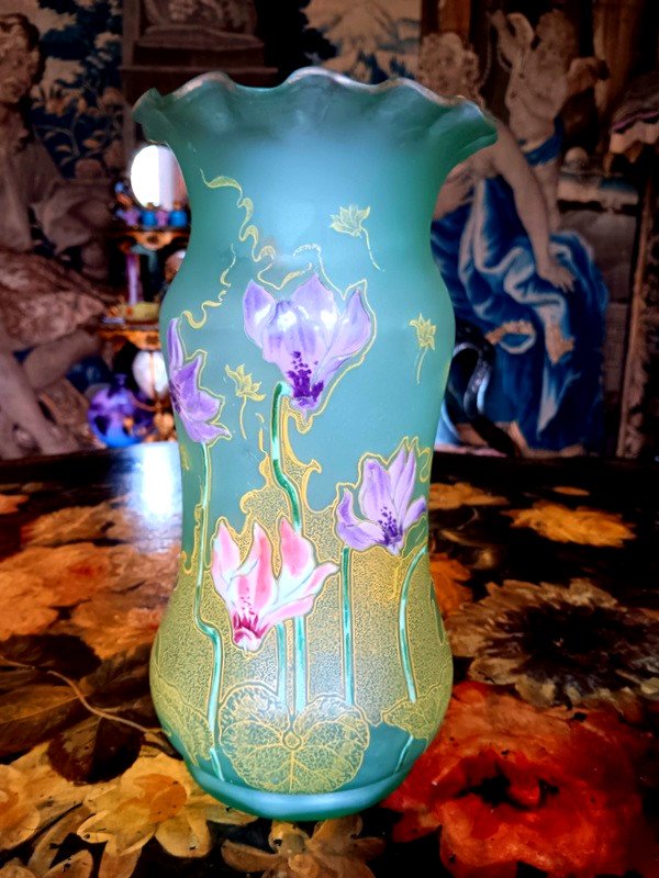 Rare Vase Legras Art Nouveau émaillé De Fleurs De Cyclamen Epoque 1900-photo-3