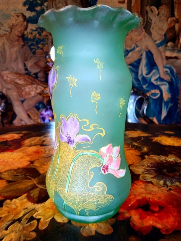 Rare Vase Legras Art Nouveau émaillé De Fleurs De Cyclamen Epoque 1900-photo-4