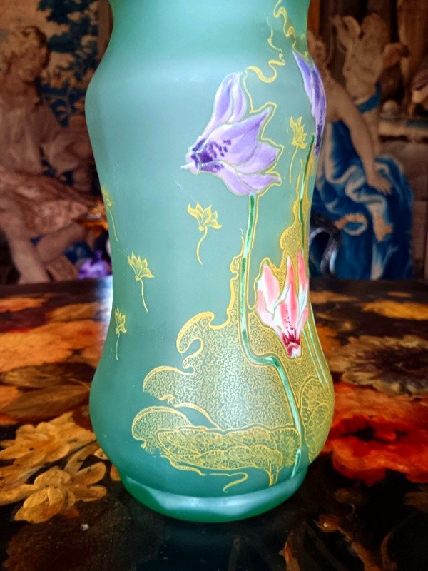 Rare Legras Art Nouveau Vase Enameled With Cyclamen Flowers Period 1900-photo-1