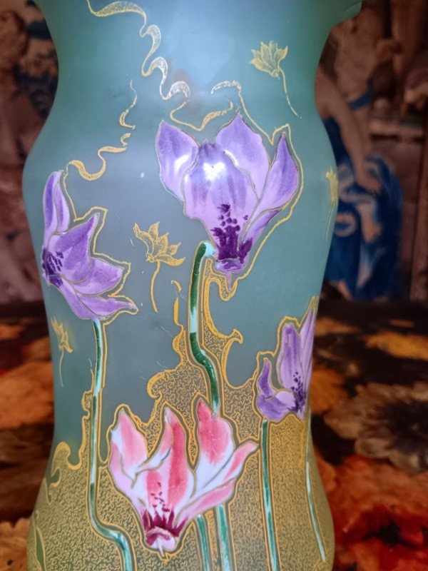 Rare Legras Art Nouveau Vase Enameled With Cyclamen Flowers Period 1900-photo-2