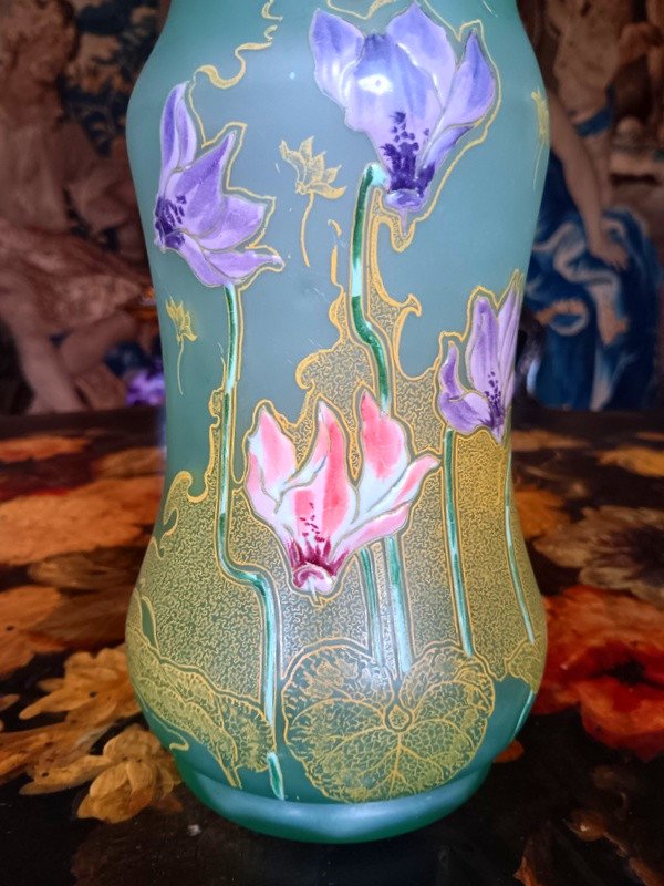 Rare Legras Art Nouveau Vase Enameled With Cyclamen Flowers Period 1900-photo-3