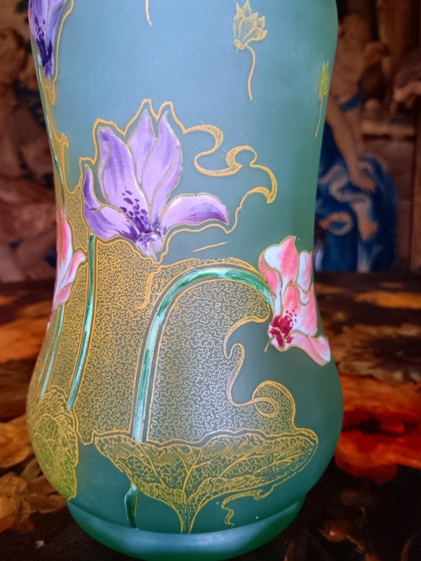 Rare Legras Art Nouveau Vase Enameled With Cyclamen Flowers Period 1900-photo-4