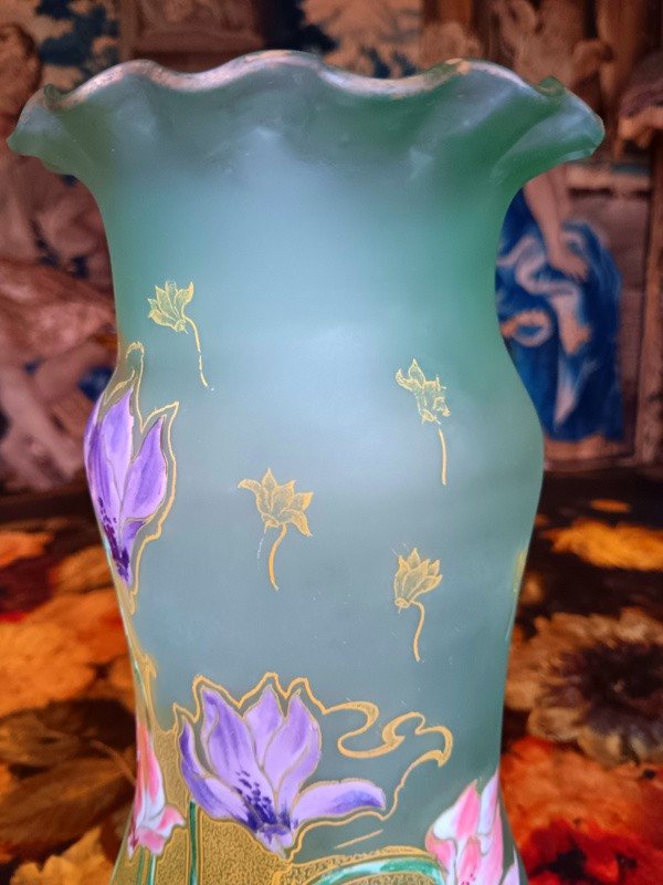 Rare Vase Legras Art Nouveau émaillé De Fleurs De Cyclamen Epoque 1900-photo-5