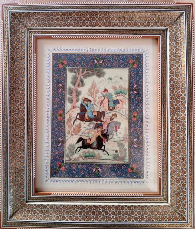 Oriental Indo Syrian Gouache Polo Game Painting Frame In Gilded Brass Micromosaic Marquetry-photo-2