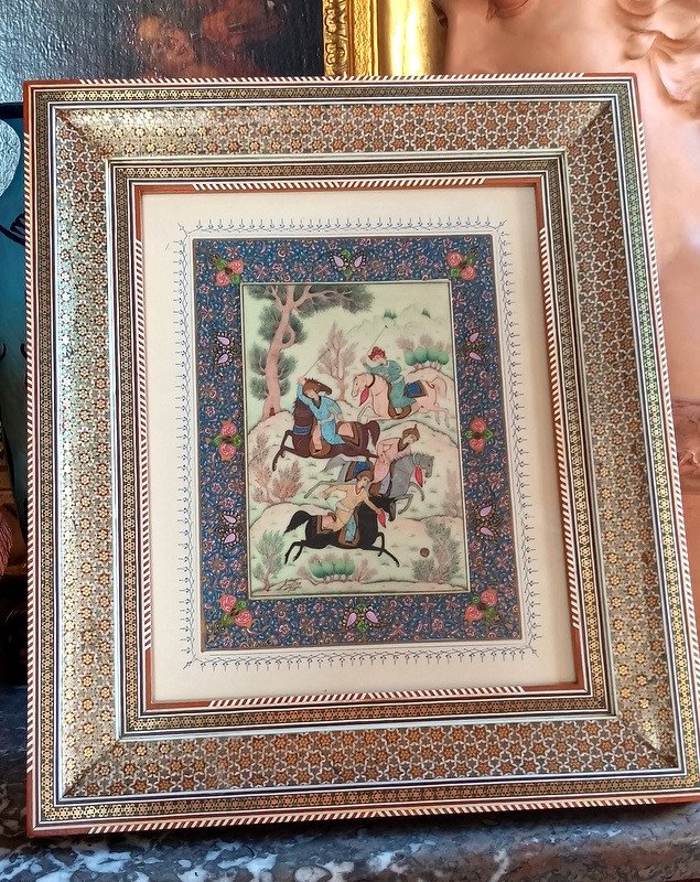 Oriental Indo Syrian Gouache Polo Game Painting Frame In Gilded Brass Micromosaic Marquetry