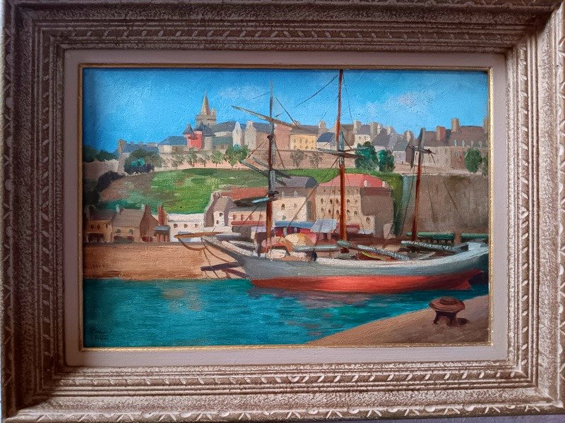 Jeanne Besnard-fortin (1892-1978) Voilier Dans Le Port De Granville Normandie Cotentin