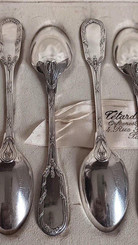 Tétard Frères Set Of 12 Silver Crossed Ribbons And Laurel Mocha Coffee Spoons-photo-2