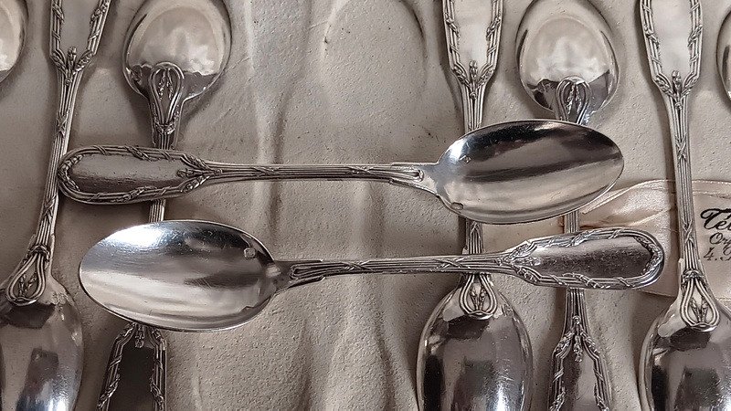 Tétard Frères Set Of 12 Silver Crossed Ribbons And Laurel Mocha Coffee Spoons-photo-1