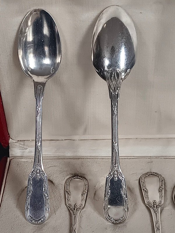 Tétard Frères Set Of 12 Silver Crossed Ribbons And Laurel Mocha Coffee Spoons-photo-2