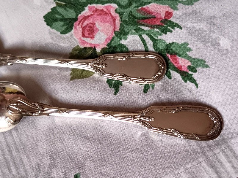 Tétard Frères Set Of 12 Silver Crossed Ribbons And Laurel Mocha Coffee Spoons-photo-4