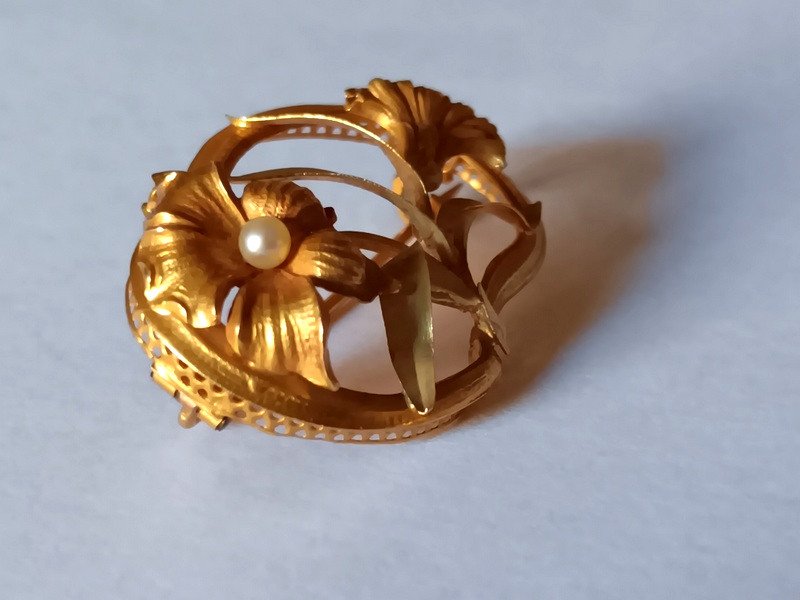 Délicate Broche Fleurs En Or 18 Carats époque Art Nouveau Vers 1900-photo-2