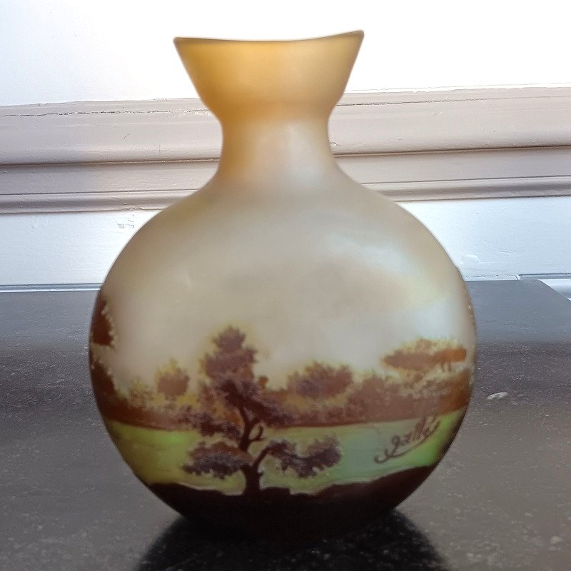 Emile Gallé Art Nouveau Gourd Vase With Lake Landscape-photo-3