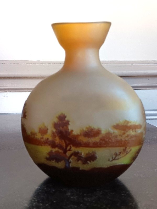 Emile Gallé Art Nouveau Gourd Vase With Lake Landscape-photo-3