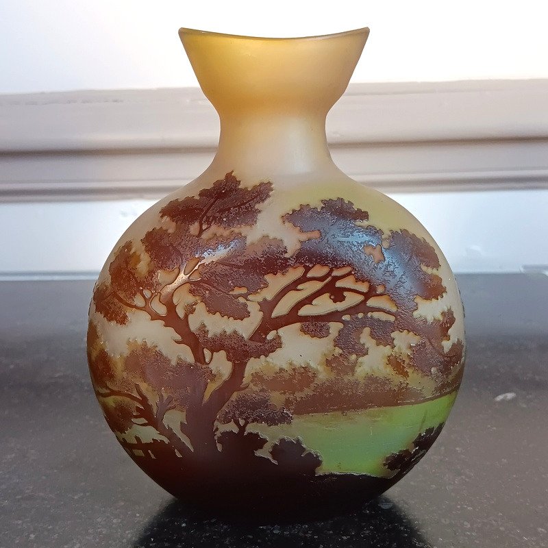 Emile Gallé Art Nouveau Gourd Vase With Lake Landscape