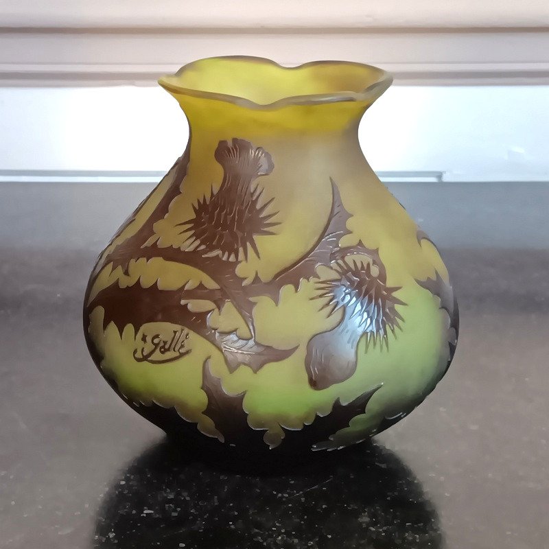 Emile Gallé Vase Aumônière Aux Chardons Art Nouveau signature à l'étoile 