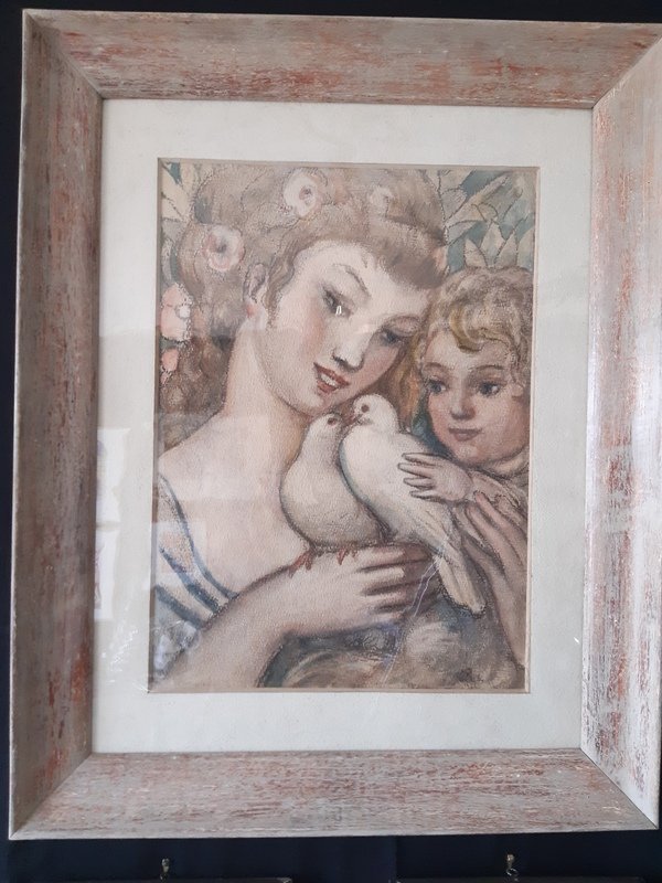 Maternité à l'aquarelle d'époque Art déco  datée de 1936 représentant une mère et son enfant-photo-3