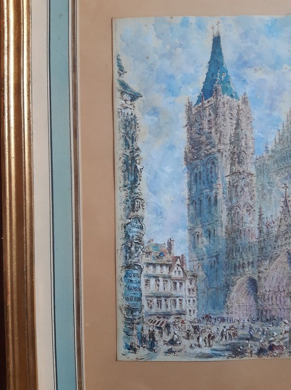 La Cathédrale De Rouen Et Son Parvis Animé Dessin à l'Aquarelle Et à La Gouache-photo-4