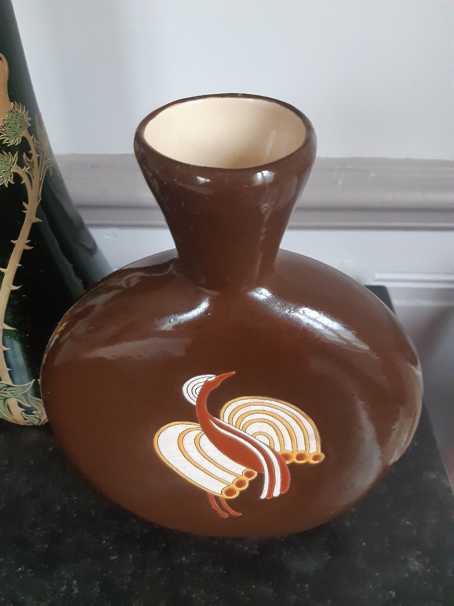 Longwy Art Deco Gourd Vase Circa 1930 Bird Of Paradise Phoenix By Jean Luce-photo-3