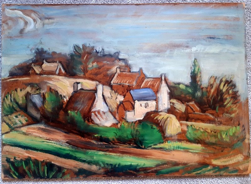 Tableau Huile Sur Isorel Vue d'Un Charmant Hameau Dans La Campagne époque Art Déco Vers 1930-1940