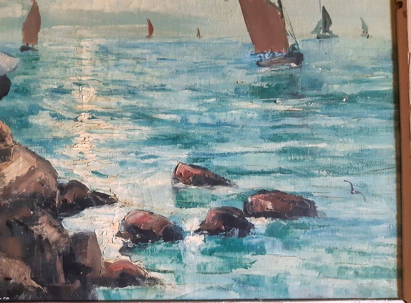 Return From Fishing In Brittany Rocky Coast Seaside Oil On Canvas Marine Painting Table-photo-4