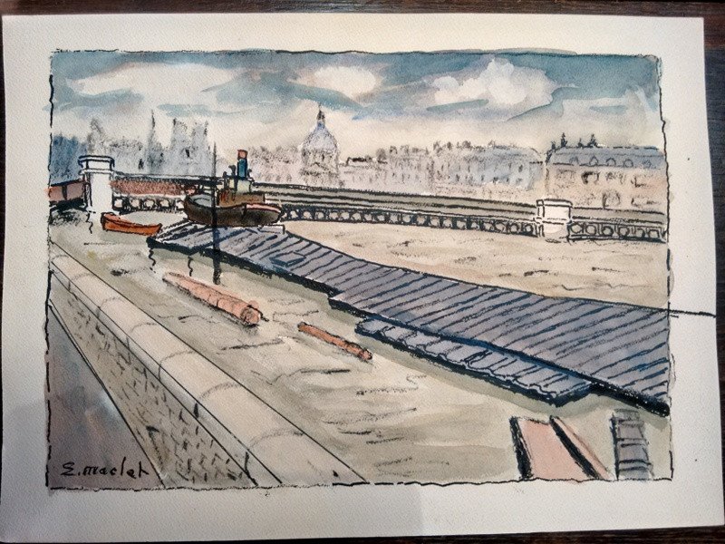 Elisée Maclet (1881-1962) Watercolor Ink Paris Quais De La Seine Barge-photo-2