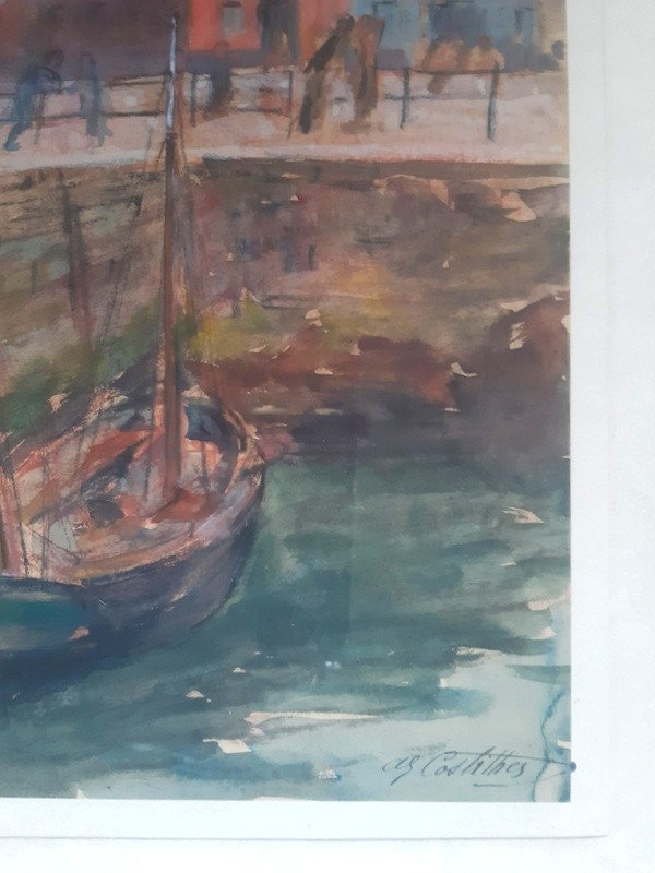 André-Eugène Costilhes (1865-1940) Le Port de Dieppe animé à l'aquarelle-photo-3