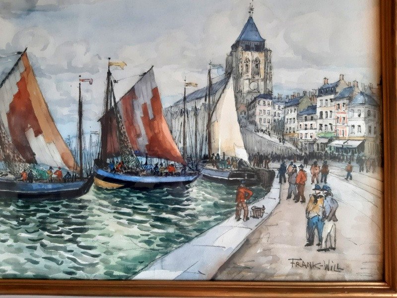 Frank-will (1900- 1950) View Of The Tréport In Watercolor The Port And The Church Of Saint-jacques-photo-3