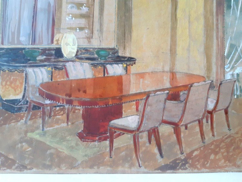 Dessin D'architecture et Décoration d'Intérieur Art déco Gouache Partie Du Fond d'Atelier d'Un Ensemblier Décorateur Des années 1920-1930 Atelier Pomone René Prou-photo-1