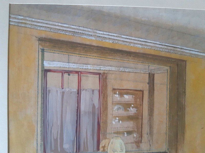 Dessin D'architecture et Décoration d'Intérieur Art déco Gouache Partie Du Fond d'Atelier d'Un Ensemblier Décorateur Des années 1920-1930 Atelier Pomone René Prou-photo-3