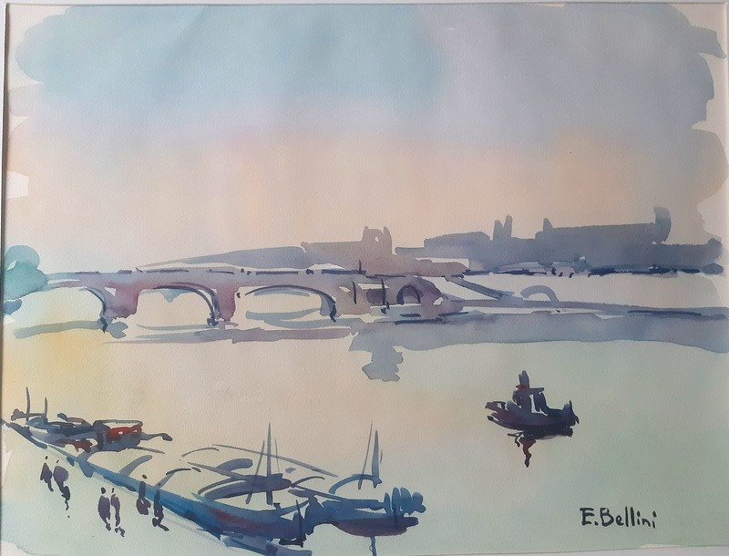 Emmanuel Bellini (monaco 1904-1989) Watercolor Paris The Seine The Pont Neuf And The Louvre-photo-2