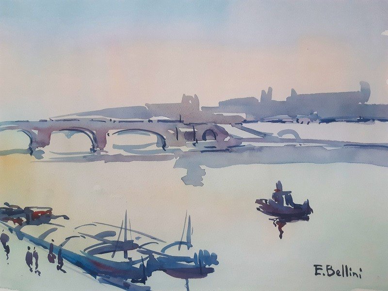 Emmanuel Bellini (monaco 1904-1989) Watercolor Paris The Seine The Pont Neuf And The Louvre-photo-2