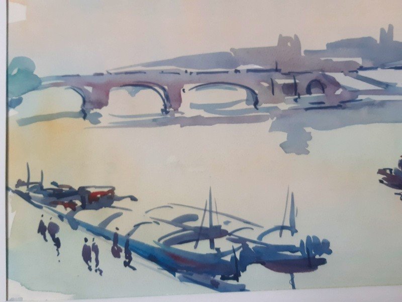 Emmanuel Bellini (monaco 1904-1989) Aquarelle Paris La Seine Le Pont Neuf Et Le Louvre-photo-3