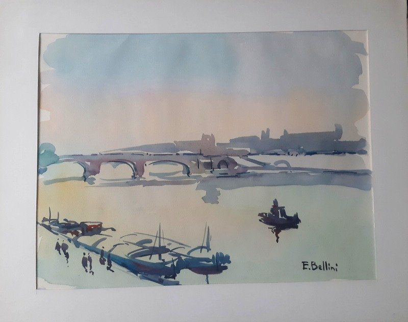 Emmanuel Bellini (monaco 1904-1989) Watercolor Paris The Seine The Pont Neuf And The Louvre