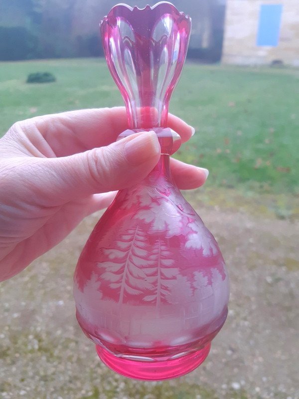 Lovely Bohemian Glass Vase Cut And Engraved With A Hunting Decor XIXth Century-photo-3