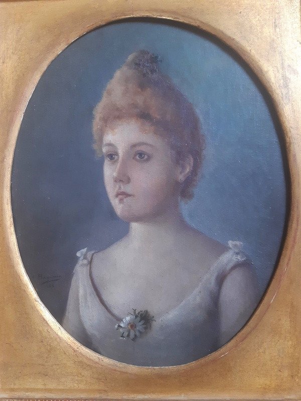 Huguenin (1842-1903) Ecole Suisse Du XIXème Charmant Portrait De Jeune Femme à La Marguerite-photo-2