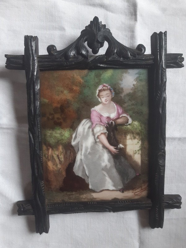 Paire De Peintures Tableaux Sur Porcelaine Jeune Femme Jeune Homme Cadres Forêt Noire-photo-3