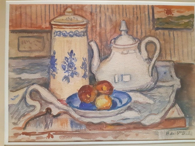 Henri  De Saint-Delis (Marconne 1878-Honfleur 1949) Aquarelle à La Théière Et Aux Fruits-photo-1