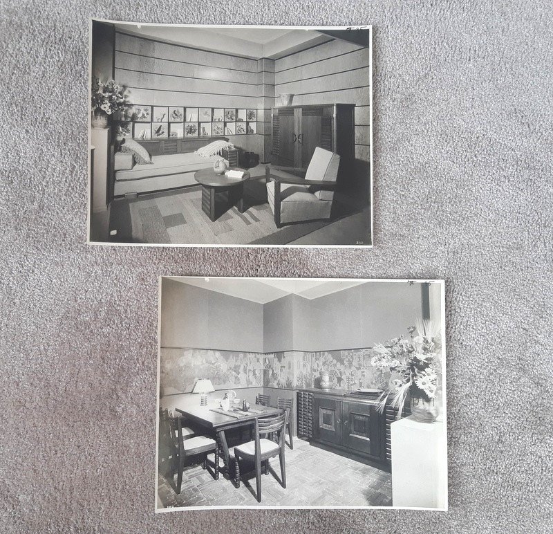 Ensemble De 2 Photos Du Studio Chevojon à Paris De Mobilier De Salon Et De Salle-à-manger d'époque Art déco datées 1935